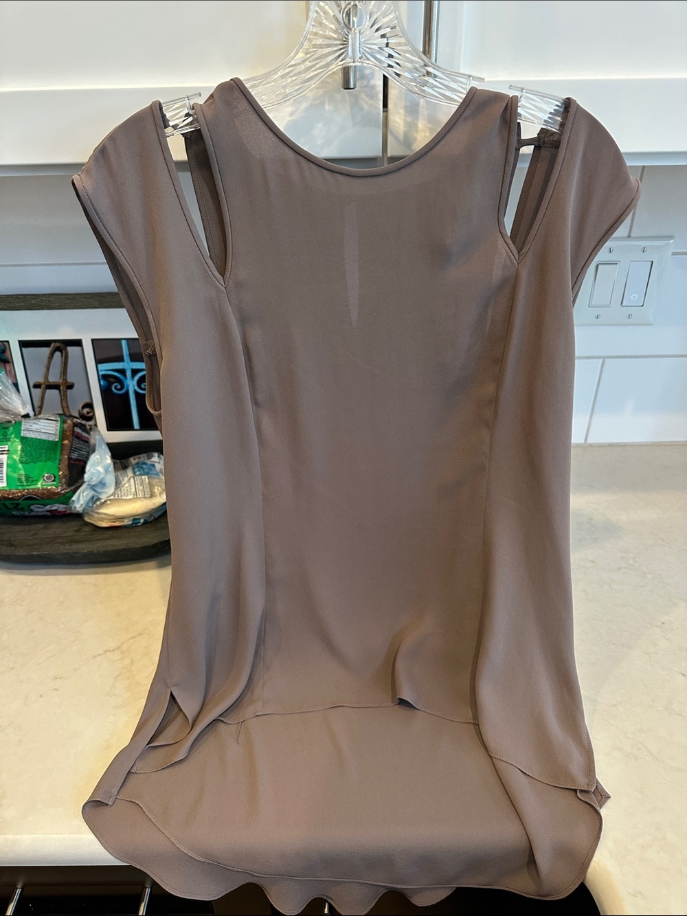 BCBGMaxAzria Taupe Cutout Shoulder Blouse